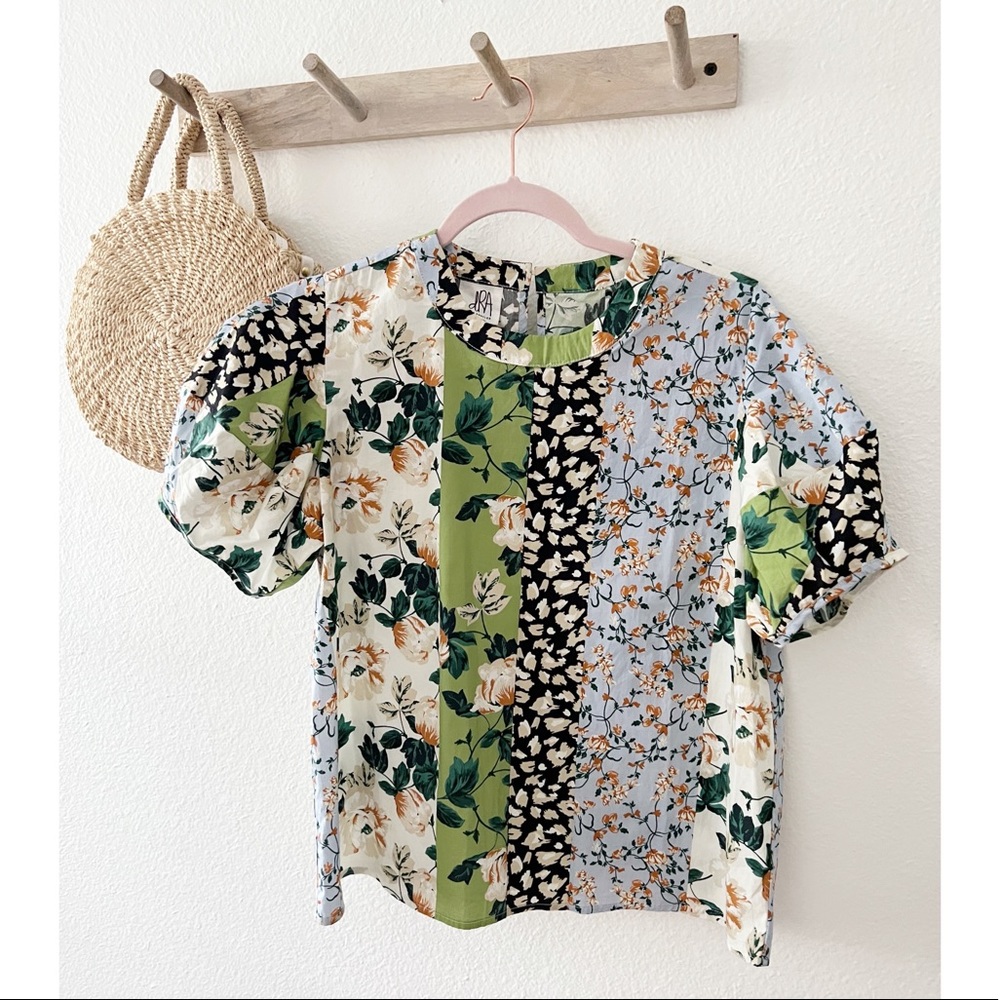 Anthropologie Mixed Floral Patchwork Puff Sleeve Top | Size M